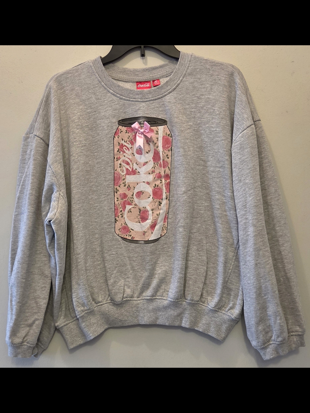 Coca Cola Gray Sweatshirt with Pink Floral Can Graphic and Bow